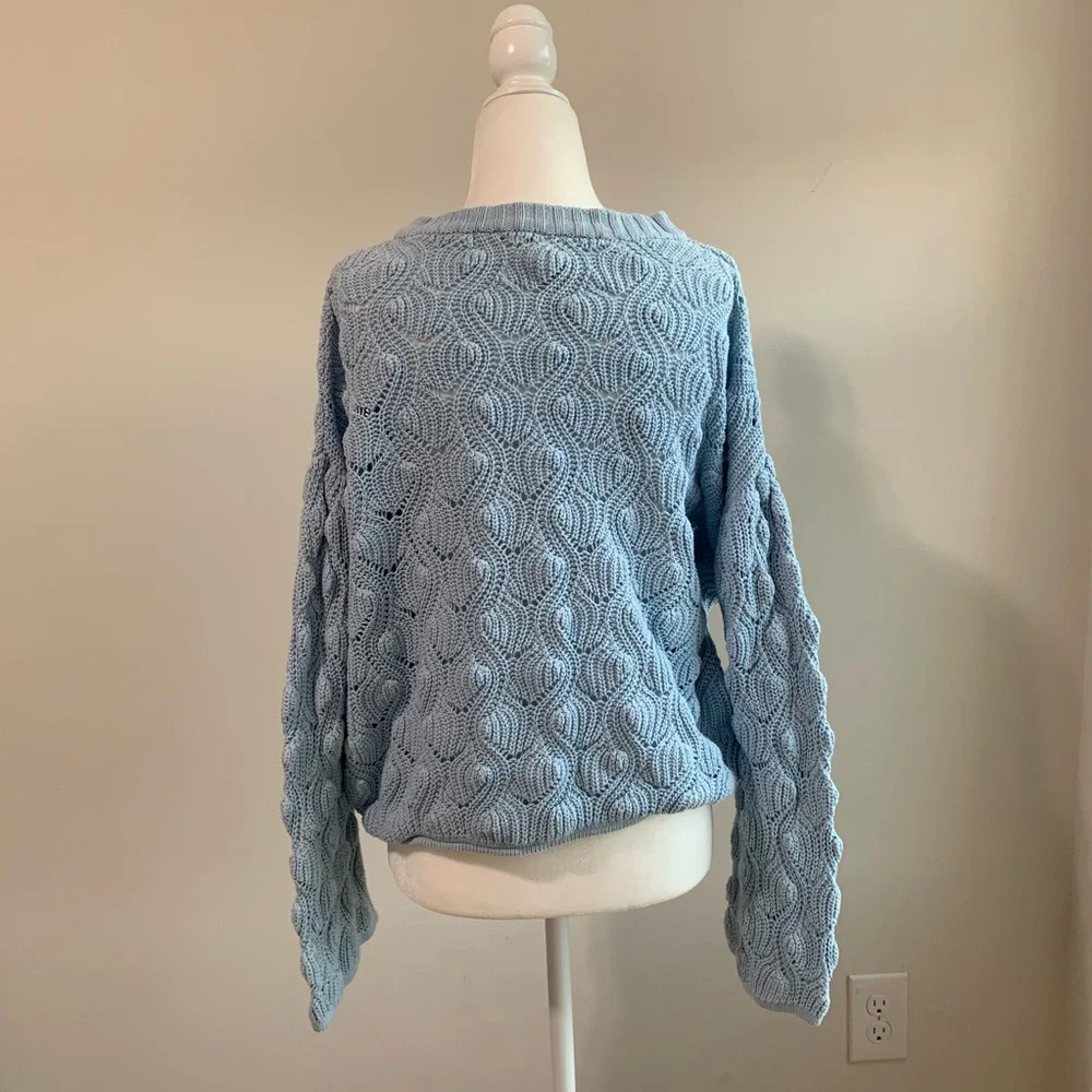 BN2 Alya Baby Blue Cable Knit Crochet Sweater‎ Puffed Slouchy Sleeve Large